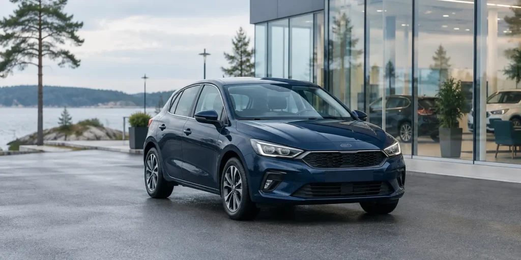 Ny mörkblå bil parkerad utanför en bilhandlare