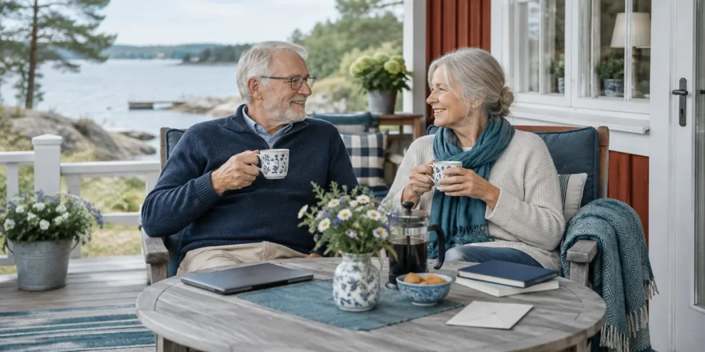 Pensionärspar som dricker kaffe på verandan till ett rött sommarhus