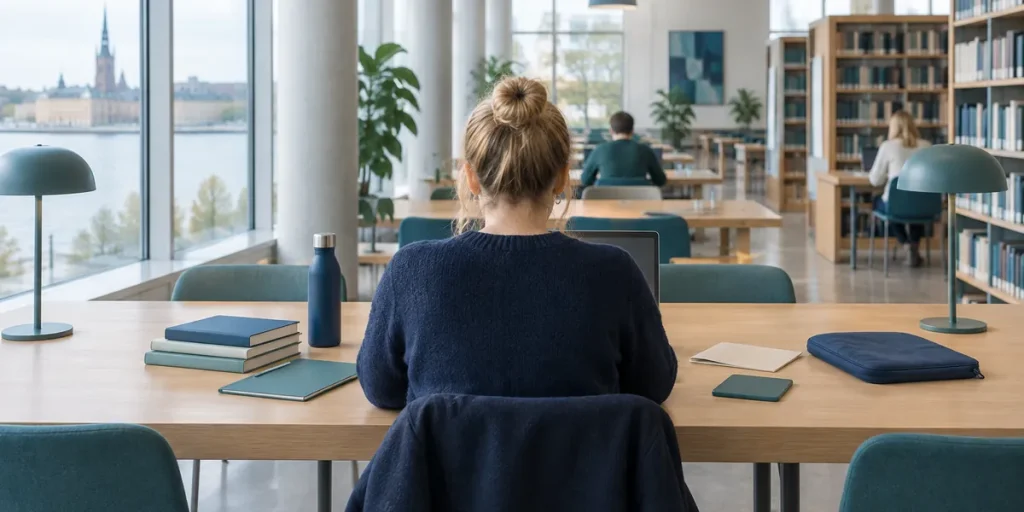 Student som pluggar med böcker och dator i ett ljust bibliotek