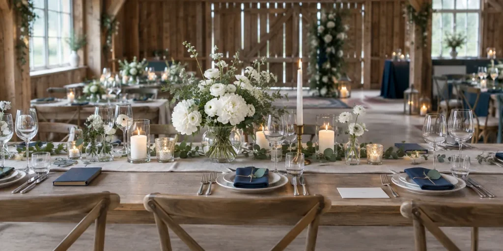 Dukat bröllopsbord med vita blommor och ljus i en lada