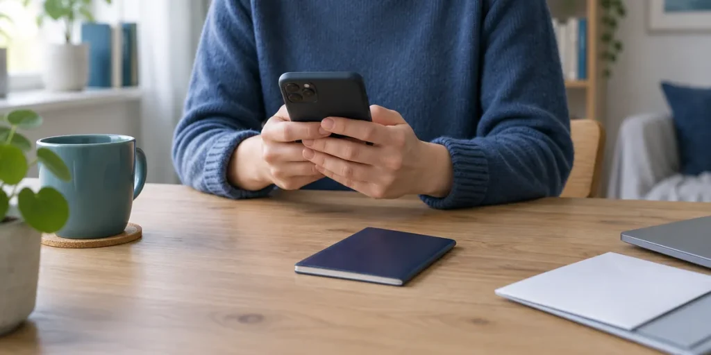 Mobiltelefon med skärmen vänd bort och en stängd id-handling på ett bord