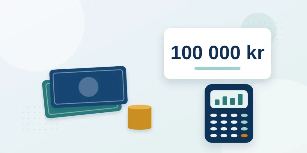 Sedlar och mynt bredvid en miniräknare som visar 100 000 kr