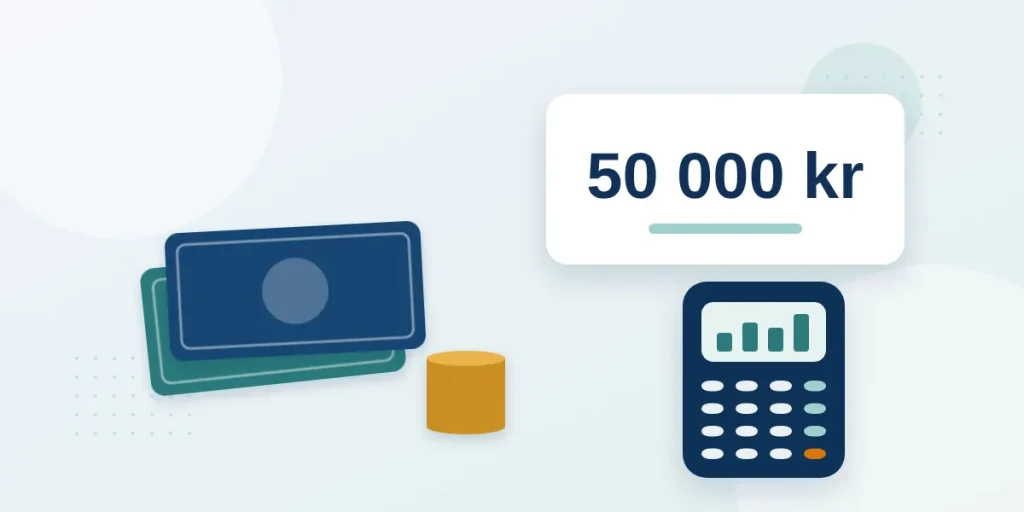 Sedlar och mynt bredvid en miniräknare som visar 50 000 kr