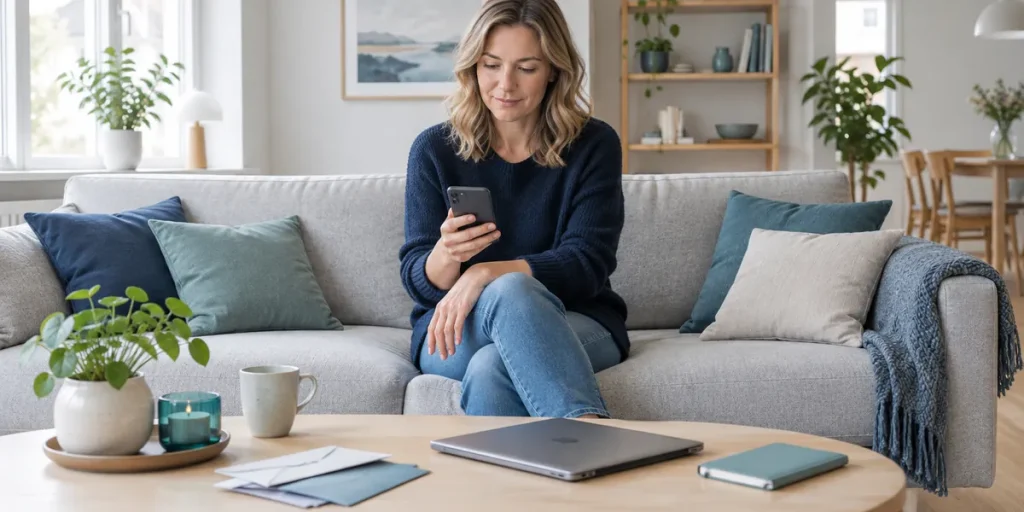 Kvinna i en soffa med mobilen i handen och en stängd bärbar dator på soffbordet