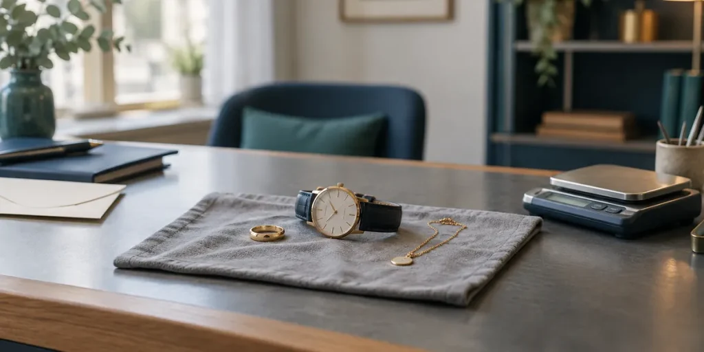 Ring, armbandsur och halsband på ett tyg bredvid en liten våg