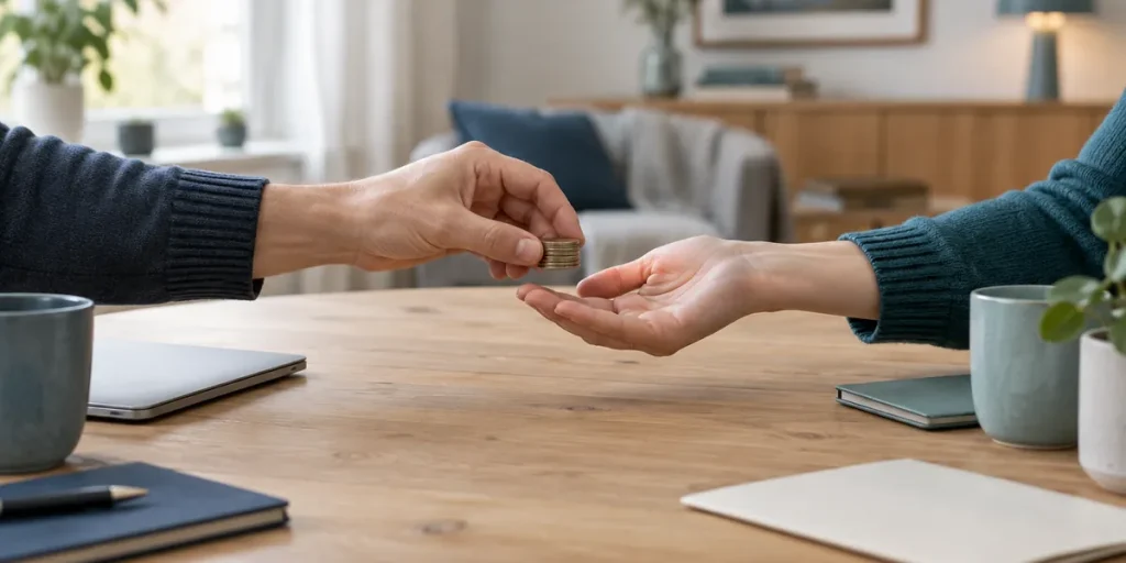 Två händer som lämnar över mynt till varandra över ett bord