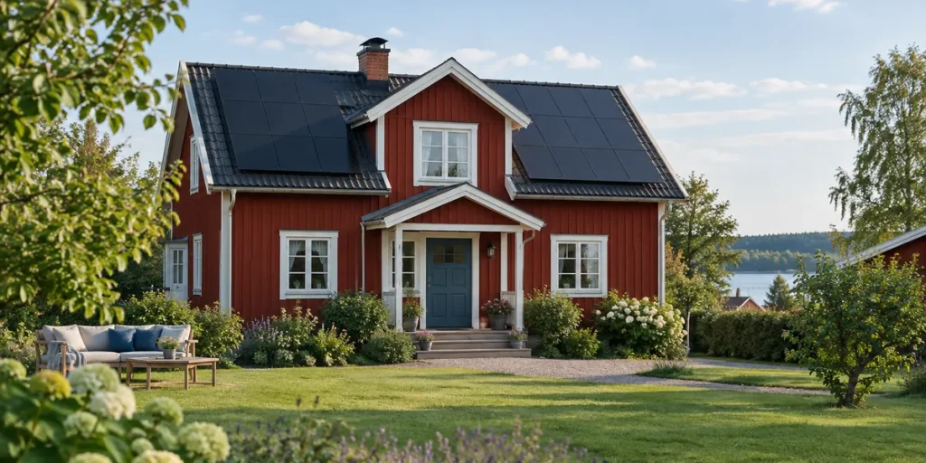 Röd villa med solceller på taket